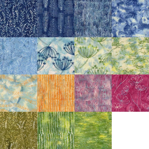 Lumin Fabrics Island Batik Meadow Brook Batiks Fat Quarter Bundles, a collection of colorful batik fabric squares featuring floral and abstract patterns in shades of blue, green, orange, pink, and yellow.