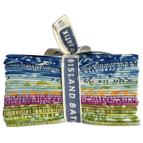 Lumin Fabrics Island Batik Meadow Brook Batiks Fat Quarter Bundles, bundles of colorful fabric squares in various floral and geometric patterns.