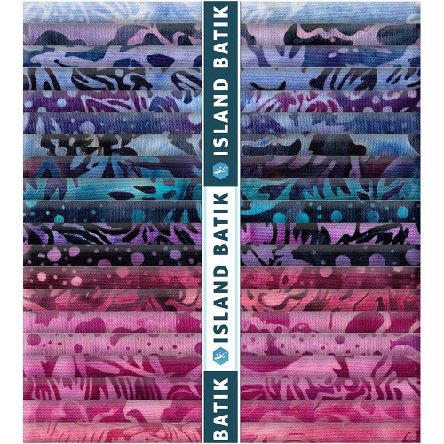 Lumin Fabrics Island Batik Rosy Bloom Batiks Fat Quarter Bundles, colorful batik fabric pieces in shades of purple, blue, pink, and black with various abstract and floral patterns.