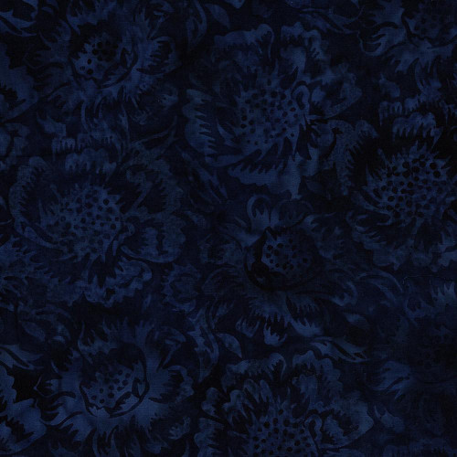 Lumin Fabrics Island Batik Countryside Charm Batiks Large Floral Blue Storm, dark blue floral batik fabric with subtle shades of blue for a textured and elegant look.