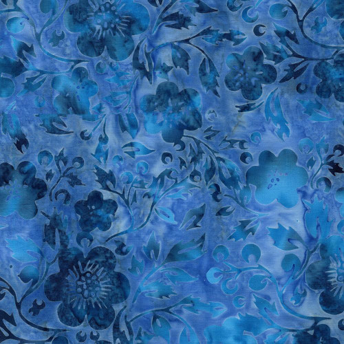 Lumin Fabrics Island Batik Countryside Charm Batiks Flowers and Leaves Blue Shark, blue floral and leaf pattern on fabric with shark design.