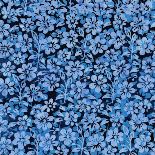 Lumin Fabrics Island Batik Countryside Charm Batiks Small Flowers and Leaves Blue Storm, detailed pattern of small blue flowers and leaves on a dark background, suitable for quilting and fabric crafts.