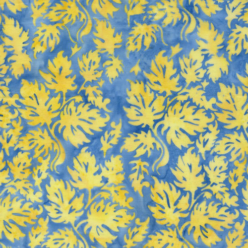 Lumin Fabrics Island Batik Countryside Charm Batiks Condensed Leaves Blue Powder Blue, a fabric with a pattern of yellow leaves on a powder blue background.