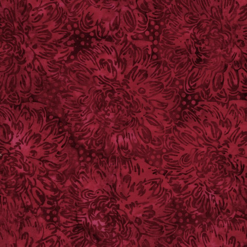 Lumin Fabrics Island Batik Everbloom Batiks Large Dahlias Red Cardinal, detailed fabric design featuring large dahlia flowers in shades of red and purple with floral patterns.