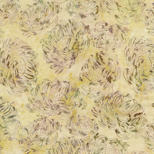 Lumin Fabrics Island Batik Everbloom Batiks Tossed Medium Flowers Neutral Cornsilk, fabric with a floral pattern of medium-sized flowers in soft neutral tones of purple and yellow on a light background.