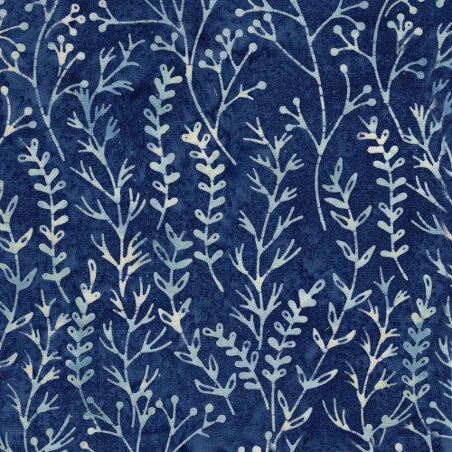 Lumin Fabrics Island Batik Meadow Brook Batiks Meadow Blue Harbor, blue fabric with white botanical leaf pattern.