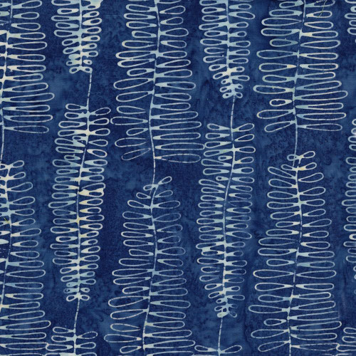 Lumin Fabrics Island Batik Meadow Brook Batiks Ferns Blue Bluebird, fabric featuring white fern and blue bird motifs on a dark blue background.