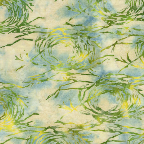 Lumin Fabrics Island Batik Meadow Brook Batiks Bird's Nest Multi Blue Cream, fabric with a watercolor-inspired pattern of bird's nests in shades of green, blue, yellow, and cream.