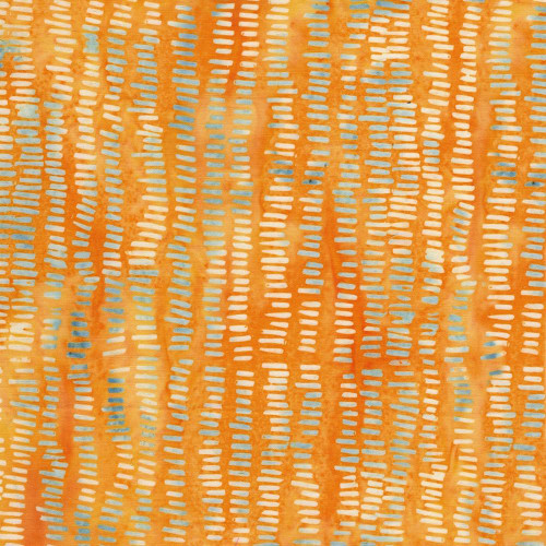 Lumin Fabrics Island Batik Meadow Brook Batiks Tracks Orange Tiger, a vibrant fabric featuring an orange background with blue and white dash-like patterns.