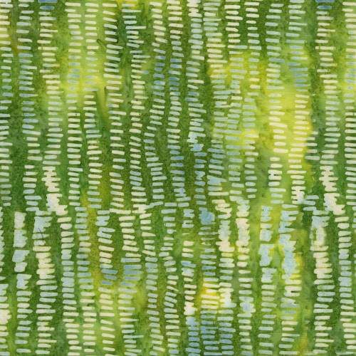 Lumin Fabrics Island Batik Meadow Brook Batiks Tracks Multi Green Yellow, colorful batik fabric with a dotted striped pattern in green, yellow, and hints of blue.