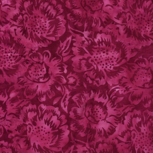 Lumin Fabrics Island Batik Posy Twist Batiks Large Floral Pink Magenta, close-up of vibrant pink and magenta floral batik fabric pattern.