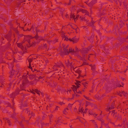 Lumin Fabrics Island Batik Posy Twist Batiks Large Floral Purple Jelly, vibrant fabric with large red floral patterns and purple background, perfect for quilting or sewing projects.