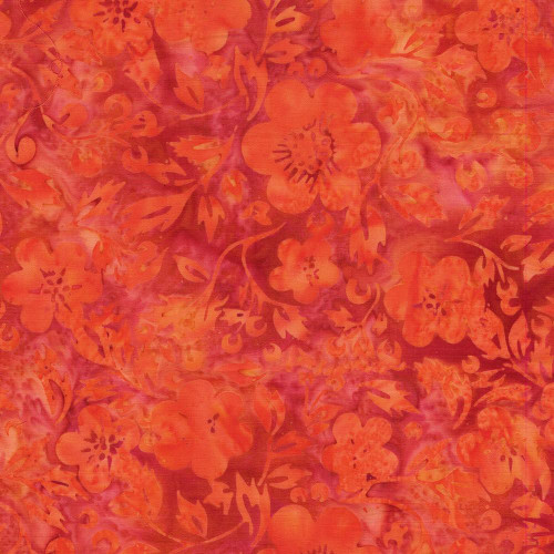 Lumin Fabrics Island Batik Posy Twist Batiks Flowers and Leaves Orange Vermillion, fabric with vibrant orange and vermillion floral pattern and leafy motif.