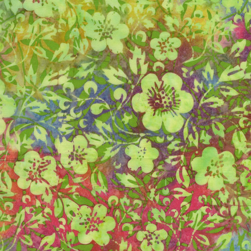 Lumin Fabrics Island Batik Posy Twist Batiks Flowers and Leaves Multi Blue Yellow Red Green, colorful floral batik fabric pattern with vibrant flower and leaf motifs in multiple colors.