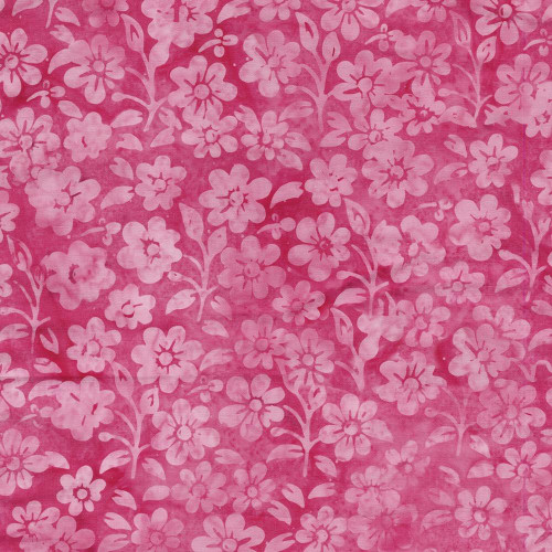 Lumin Fabrics Island Batik Posy Twist Batiks Small Flowers and Leaves Pink Camelia, pink fabric with a floral pattern of small flowers and leaves.