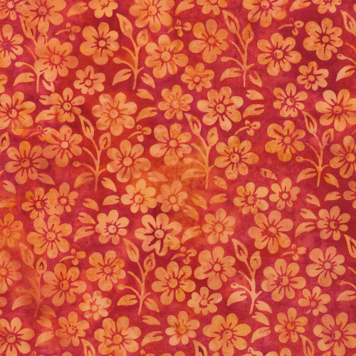 Lumin Fabrics Island Batik Posy Twist Batiks Small Flowers and Leaves Orange Flame, fabric pattern featuring small orange flowers and leaves on a vibrant red-orange background.