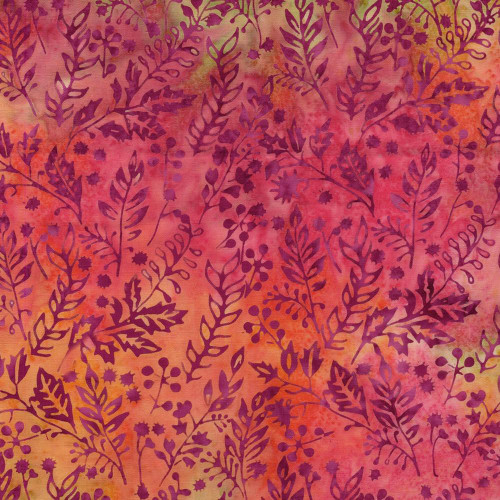 Lumin Fabrics Island Batik Posy Twist Batiks Vines Leaves and Berries Multi Pink Orange, fabric with a vibrant pattern of purple vines, leaves, berries, and floral motifs on a pink and orange watercolor textured background.