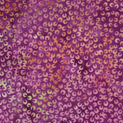 Lumin Fabrics Island Batik Posy Twist Batiks Small Petals Purple Jelly, a vibrant fabric with a purple background and small, twisting petal pattern in pink, orange, and pale green hues.