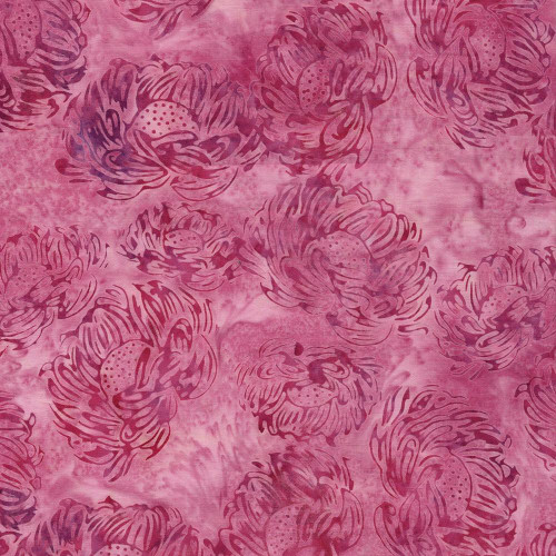 Lumin Fabrics Island Batik Rosy Bloom Batiks Tossed Medium Flowers Pink Camelia, fabric featuring large pink roses with darker pink outlines on a pink background.