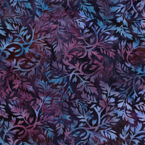 Lumin Fabrics Island Batik Rosy Bloom Batiks Leafy Vine Purple Grape, fabric with leafy vine pattern in shades of purple and blue on a dark background.
