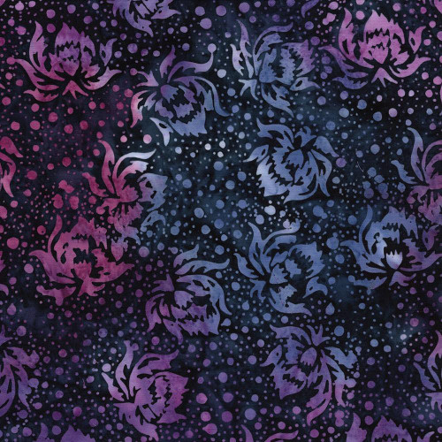 Lumin Fabrics Island Batik Rosy Bloom Batiks Flowers and Dots Blue Navy, textile fabric with floral and dotted pattern in shades of purple and blue on a dark navy background.