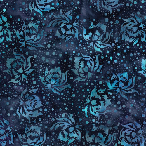 Lumin Fabrics Island Batik Rosy Bloom Batiks Flowers and Dots Purple Eggplant, vibrant purple batik fabric with floral and dot patterns in various shades of blue.
