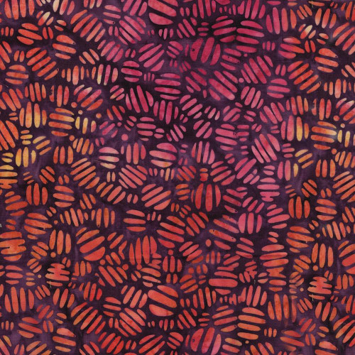 Lumin Fabrics Island Batik Salsa Batiks Striped Circles Purple Jelly, vibrant batik fabric with purple background and orange, pink, and yellow striped circles pattern.