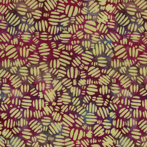 Lumin Fabrics Island Batik Salsa Batiks Striped Circles Multi Red Blue Dusty, fabric with repeating pattern of beige striped circles on a dusty red background with hints of blue and gray.