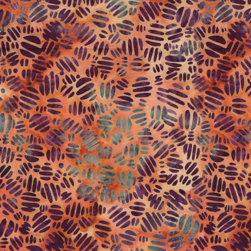 Lumin Fabrics Island Batik Salsa Batiks Striped Circles Multi Brick Red Cream, colorful abstract fabric with striped circle patterns in brick red, cream, purple, and teal hues.