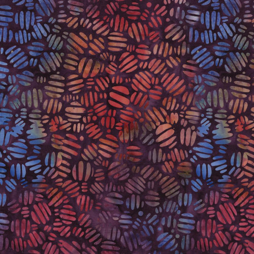 Lumin Fabrics Island Batik Salsa Batiks Striped Circles Purple Hyacinth, vibrant batik fabric with a pattern of multicolored striped circles in shades of purple, pink, blue, and red.