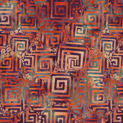 Lumin Fabrics Island Batik Salsa Batiks Circle Maze Multi Red Blue Dusty, colorful fabric with a circular maze pattern and geometric design in shades of red, blue, purple, and dusty tones.