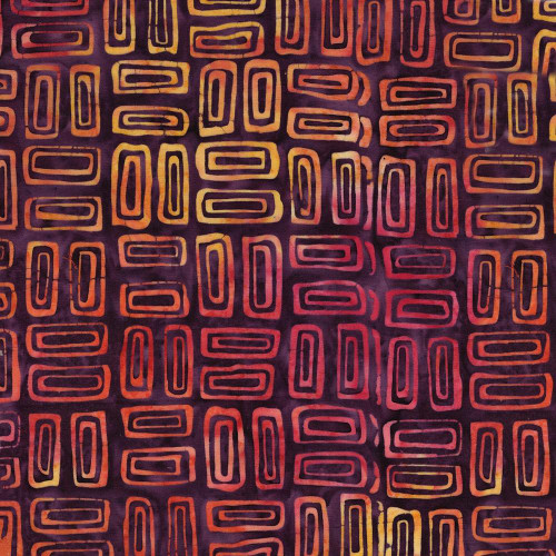 Lumin Fabrics Island Batik Salsa Batiks Rectangles Purple Pansy, colorful batik fabric with purple background and orange rectangle patterns.
