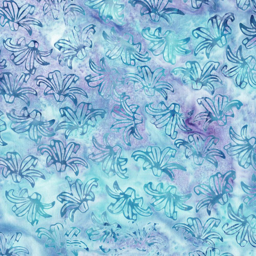 Lumin Fabrics Island Batik Secret Garden Batiks Lillies Multi Blue Turquoise Purple, fabric with blue, turquoise, and purple watercolor-like background featuring stylized lily flower patterns.