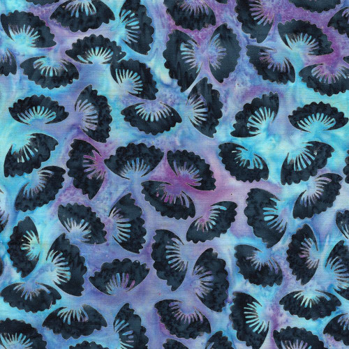 Lumin Fabrics Island Batik Secret Garden Batiks Medium Petals Multi Blue Purple, a vibrant fabric with a colorful pattern of medium-sized petals in shades of blue, purple, and black.