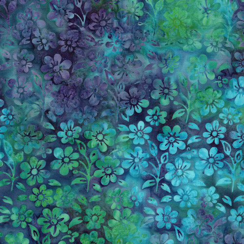 Lumin Fabrics Island Batik Springtime Bouquet Batiks Small Flowers and Leaves Blue Turquoise Purple