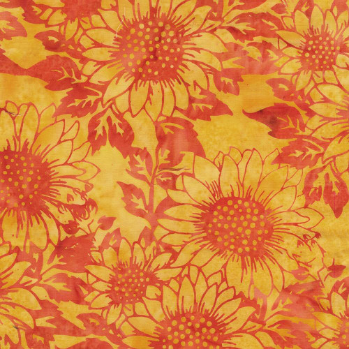 Lumin Fabrics Island Batik Sunflower Spice Batiks Large Sunflowers Yellow Cornmeal, vibrant fabric with large sunflower patterns in shades of yellow and red-orange.