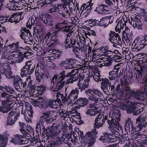 Lumin Fabrics Island Batik Sunflower Spice Batiks Leaves and Berry Clusters Purple Heather, batik fabric with a pattern of purple sunflower and berry clusters on a purple heather background.