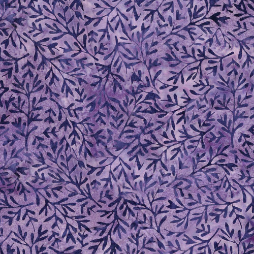 Lumin Fabrics Island Batik Sunflower Spice Batiks Tossed Vines Purple Foxglove, purple batik fabric with a pattern of scattered vines and foliage in darker shades.