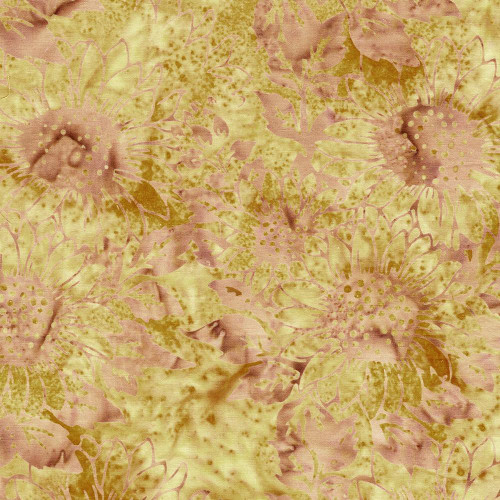 Lumin Fabrics Island Batik Woodland Warmth Batiks Large Sunflowers Brown Limestone, floral batik fabric design with large sunflower patterns in pink and brown tones on a textured yellow background.