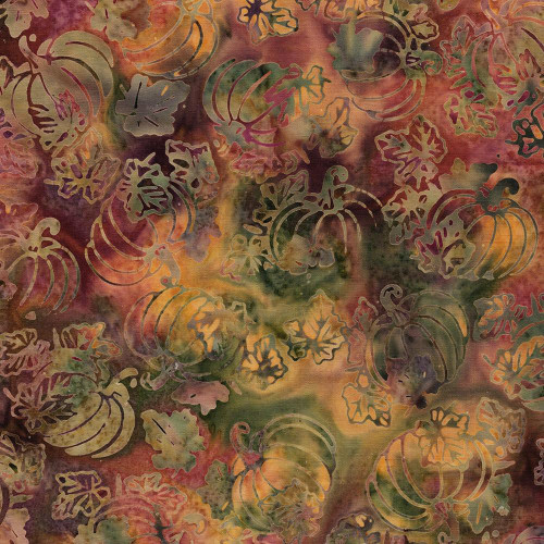 Lumin Fabrics Island Batik Woodland Warmth Batiks Tossed Pumpkins Multi Orange Brown Citrine, fabric featuring a colorful autumn-inspired pumpkin and leaf pattern with warm shades of orange, brown, and green in a batik style.