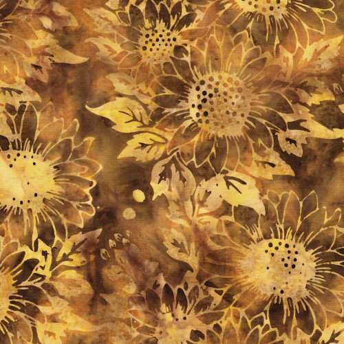 Lumin Fabrics Island Batik Woodland Warmth Batiks Large Sunflowers Brown Cinnamon, fabric with large sunflower patterns in shades of brown, cinnamon, and gold on a dark background.
