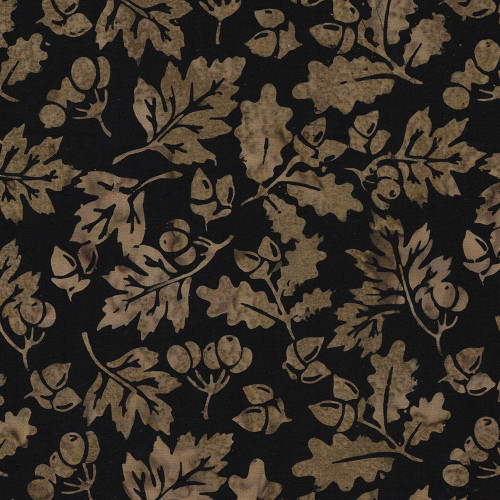 Lumin Fabrics Island Batik Woodland Warmth Batiks Acorns and Leaves Black, fabric featuring a pattern of acorns and oak leaves on a black background.
