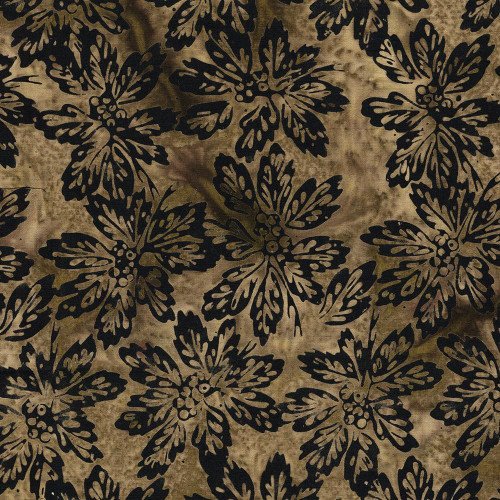 Lumin Fabrics Island Batik Woodland Warmth Batiks Leaves and Berry Clusters Brown Java, fabric with a woodland pattern of black leaves and berry clusters on a textured brown background.