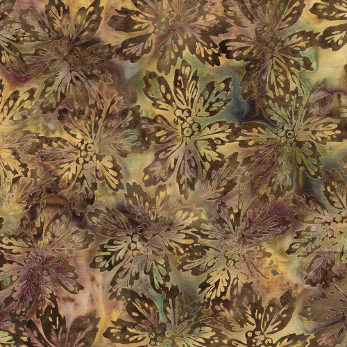 Lumin Fabrics Island Batik Woodland Warmth Batiks Leaves and Berry Clusters Multi Brown Purple Teal, floral batik pattern with butterfly and leaf motifs in earthy tones of brown, purple, teal, and beige.