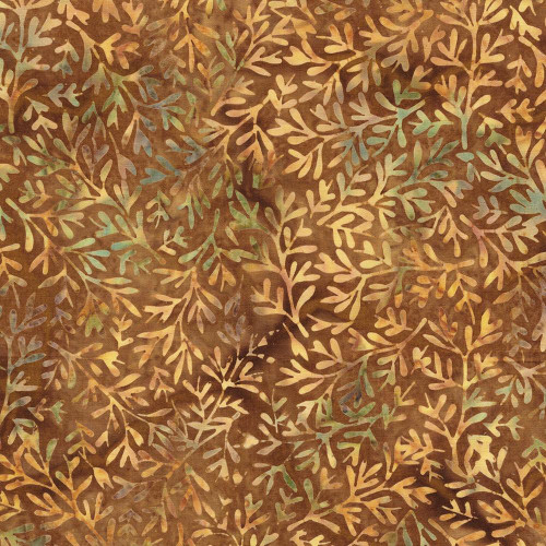 Lumin Fabrics Island Batik Woodland Warmth Batiks Tossed Vines Brown Russet, fabric with a pattern of intertwined vines and leaves in warm earth tones.