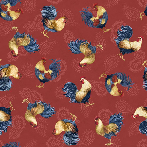 Lumin Fabrics White Owl Rooster Reverie Susan Winget Tossed Roosters Red, fabric pattern featuring colorful roosters with vibrant plumage on a red background.