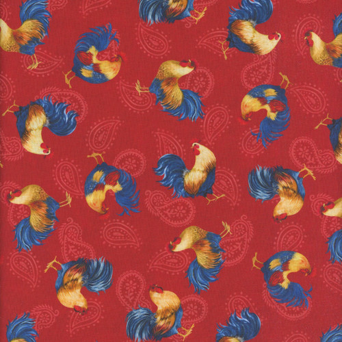 Lumin Fabrics White Owl Rooster Reverie Susan Winget Tossed Roosters Red