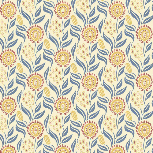 Lumin Fabrics White Owl Rooster Reverie Susan Winget Boho Floral Ivory, decorative fabric pattern with yellow, blue, and red floral and feather motifs on an ivory background.