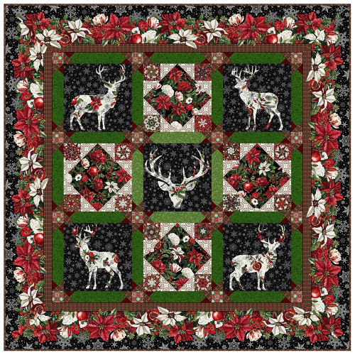 In The Beginning Fabrics Winter Enchantment Jason Yenter Christmas Deer Quilt Kit Black, Christmas-themed quilt featuring white deer and poinsettias on a black background with a red, white, and green festive border.