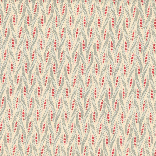 Andover Fabrics Jingle Bell Laundry Basket Quilts Ribbon Candy Frosting Cream 108 Inch Wide Quilt Backing, fabric with a repeating pattern of interwoven wavy lines and small red diamonds on a cream background.